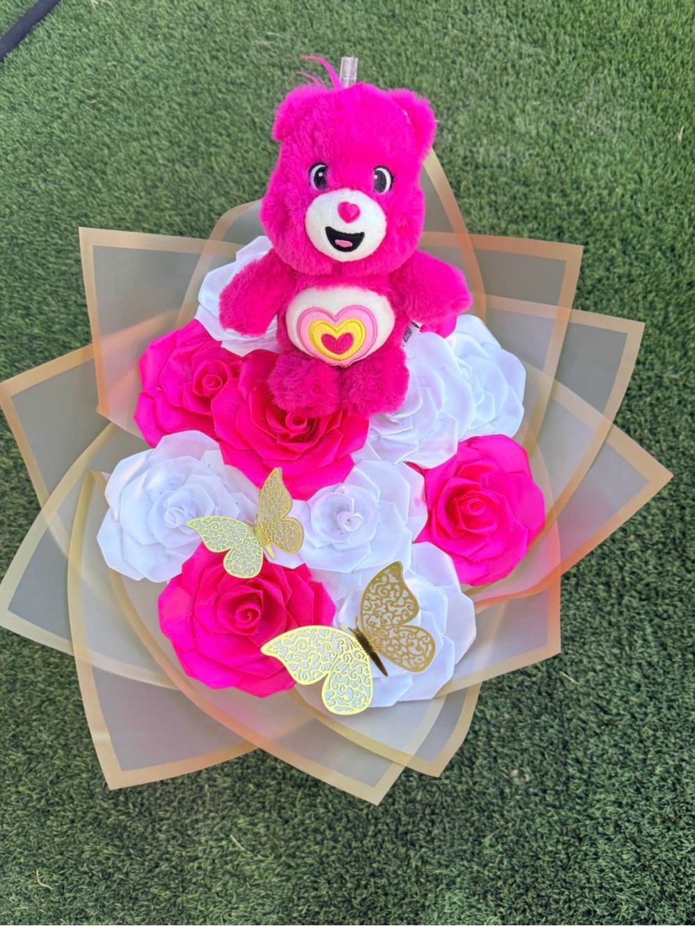 Bright Pink Plush Bear Keychain Bag Charm with Heart Motif